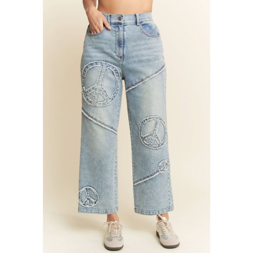 Davi & Dani Peace Sign Patchwork Denim Straight Fit Size L